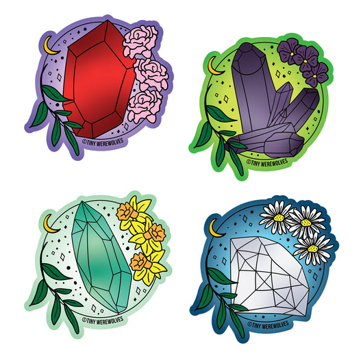 Original artwork by Tiny Werewolves | Crystal & Flower Birthstone Mini Sticker Pack in | Shop to get your gender neutral Sticker