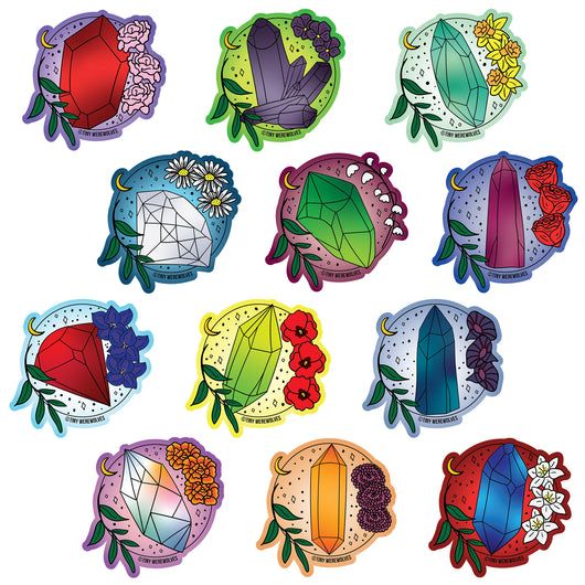 Original artwork by Tiny Werewolves | Crystal & Flower Birthstone Mini Sticker Pack in 1.5" Mini Sticker Pack | Shop to get your gender neutral Sticker
