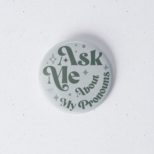 Original artwork by Tiny Werewolves | Ask Me About My Pronouns Retro Stars 1" Mini Button Pin in | Shop to get your gender neutral Metal Pinback Button