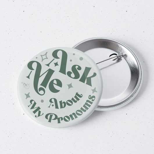 Original artwork by Tiny Werewolves | Ask Me About My Pronouns Retro Stars 1" Mini Button Pin in | Shop to get your gender neutral Metal Pinback Button
