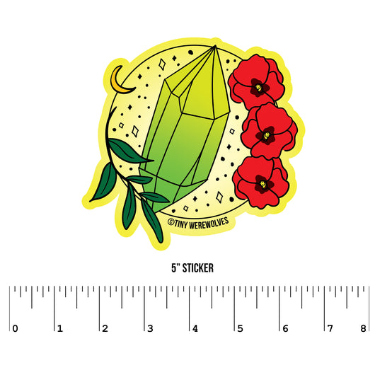 Original artwork by Tiny Werewolves | August Crystal & Flower Birthstone Sticker in 5" Sticker | Shop to get your gender neutral Sticker