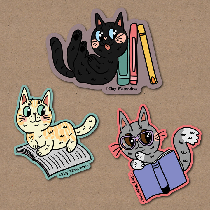 Book Kitties Stickers 3 Pack (Black Cat/Orange Cat/Grey Cat)