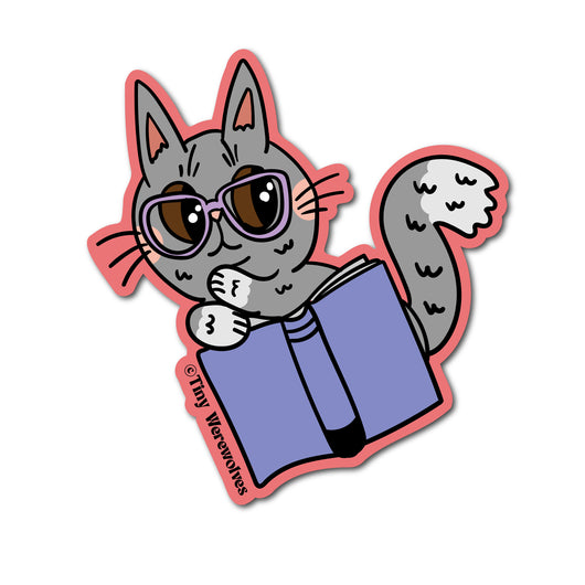 Original artwork by Tiny Werewolves | Book Kitties Stickers in Grey Cat | Shop to get your gender neutral Sticker