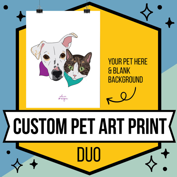 Custom Illustrated Pet Art Print Two Pets No Background