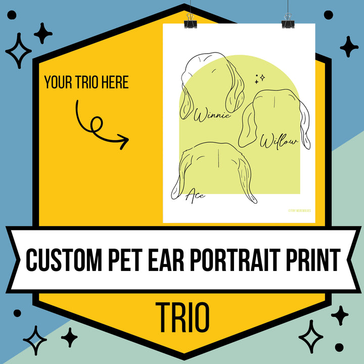 Custom Illustrated Pet Ear Art Print 3 Pets