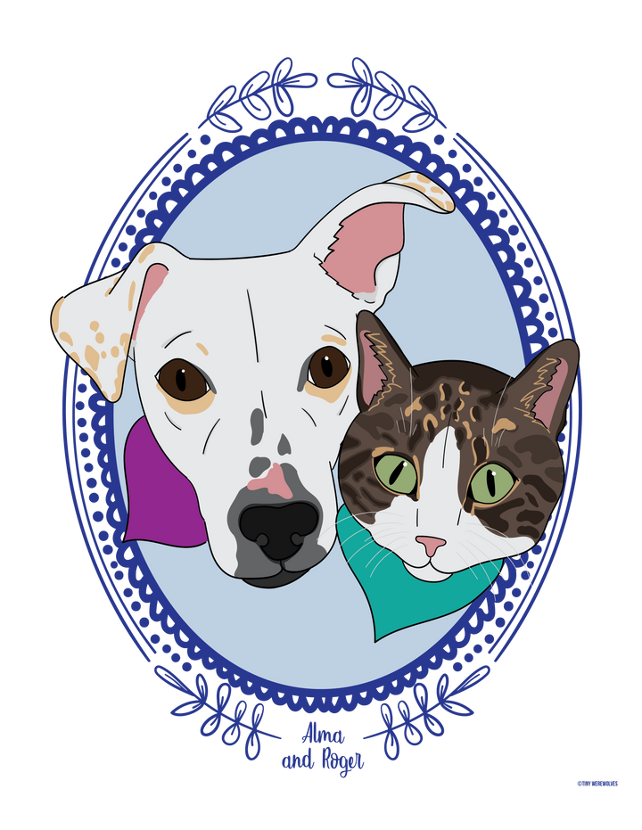 Custom Illustrated Pet Art Print Two Pets Leaf