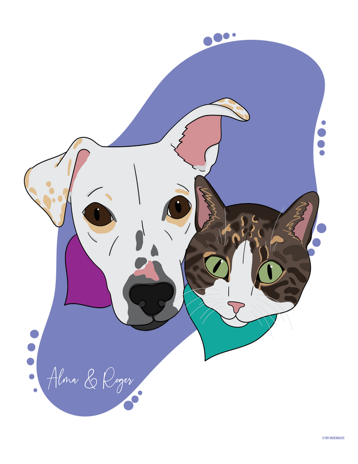 Custom Illustrated Pet Art Print Two Pets Mid Century Dots