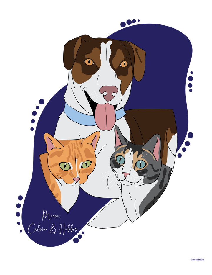 Custom Illustrated Pet Art Print Three Pets Mid Century Dots