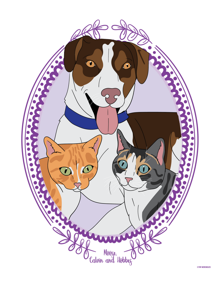Custom Illustrated Pet Art Print Three Pets Leaf
