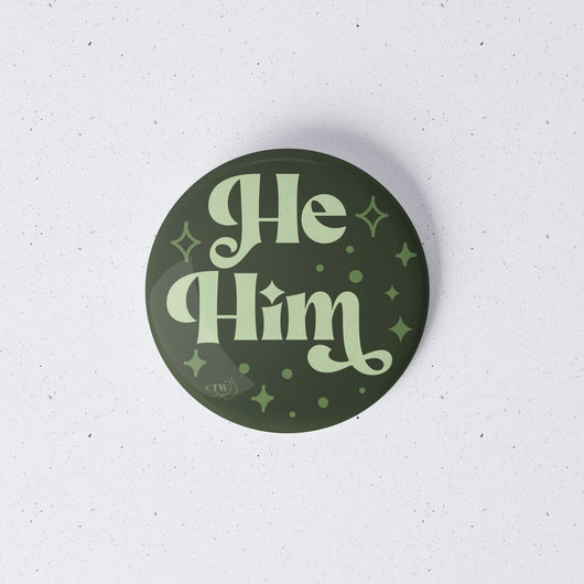 Original artwork by Tiny Werewolves | He / Him Pronouns Retro Stars 1" Mini Button Pin in | Shop to get your gender neutral Metal Pinback Button