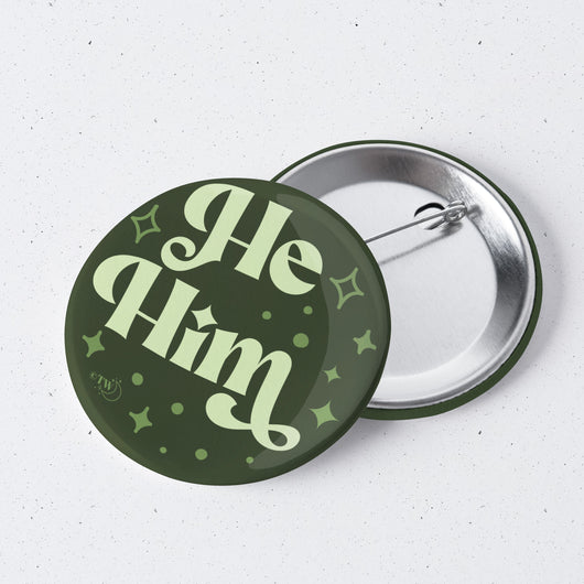 Original artwork by Tiny Werewolves | He / Him Pronouns Retro Stars 1" Mini Button Pin in | Shop to get your gender neutral Metal Pinback Button