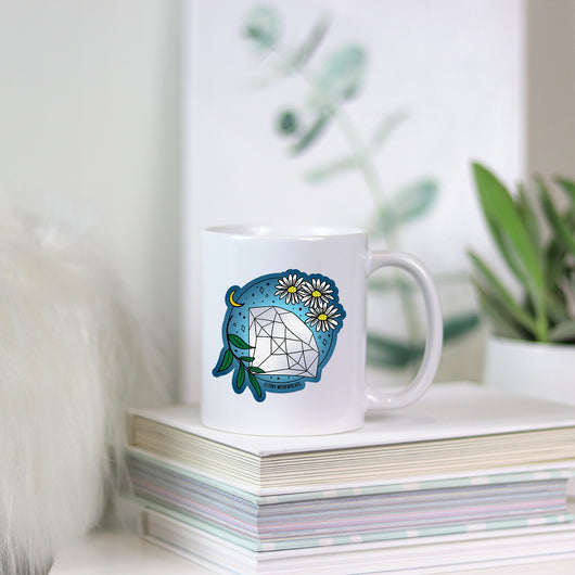 Original artwork by Tiny Werewolves | April Crystal & Flower Birthstone Mug in | Shop to get your gender neutral Mug