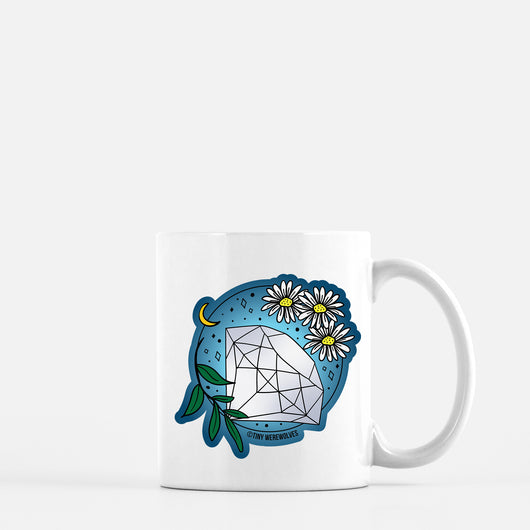Original artwork by Tiny Werewolves | April Crystal & Flower Birthstone Mug in 11 oz | Shop to get your gender neutral Mug