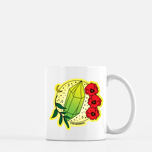 Original artwork by Tiny Werewolves | August Crystal & Flower Birthstone Mug in 11 oz | Shop to get your gender neutral Mug