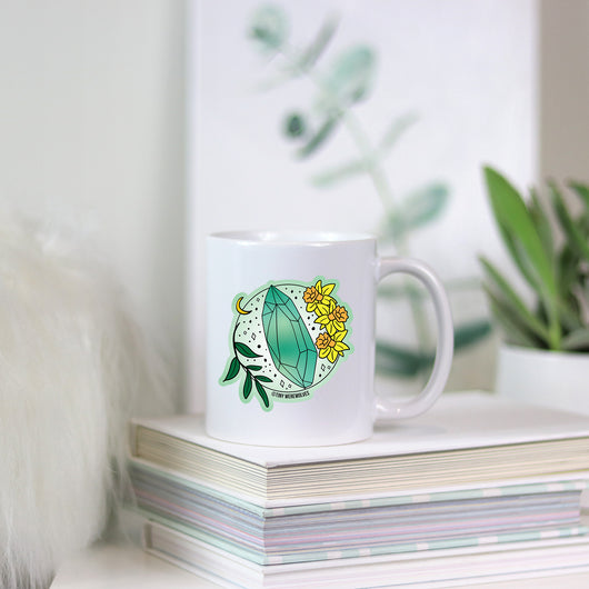 Original artwork by Tiny Werewolves | March Crystal & Flower Birthstone Mug in | Shop to get your gender neutral Mug