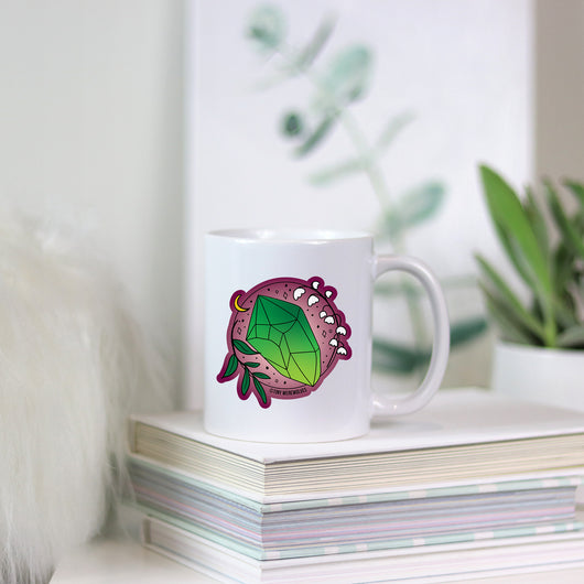 Original artwork by Tiny Werewolves | May Crystal & Flower Birthstone Mug in | Shop to get your gender neutral Mug