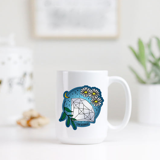 Original artwork by Tiny Werewolves | April Crystal & Flower Birthstone Mug in | Shop to get your gender neutral Mug