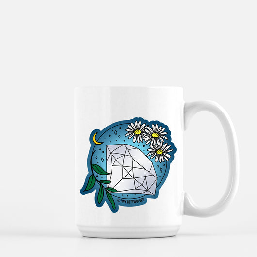Original artwork by Tiny Werewolves | April Crystal & Flower Birthstone Mug in 15 oz | Shop to get your gender neutral Mug
