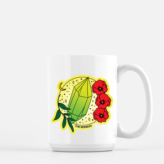 Original artwork by Tiny Werewolves | August Crystal & Flower Birthstone Mug in 15 oz | Shop to get your gender neutral Mug