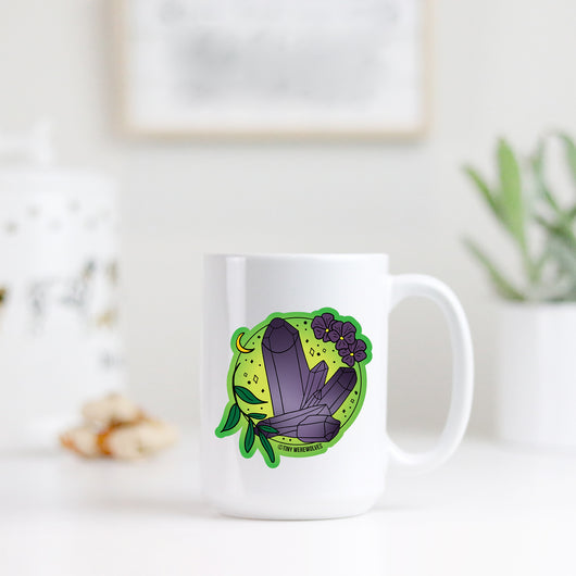 Original artwork by Tiny Werewolves | February Crystal & Flower Birthstone Mug in | Shop to get your gender neutral Mug