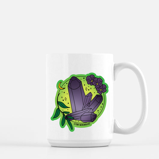 Original artwork by Tiny Werewolves | February Crystal & Flower Birthstone Mug in 15 oz | Shop to get your gender neutral Mug