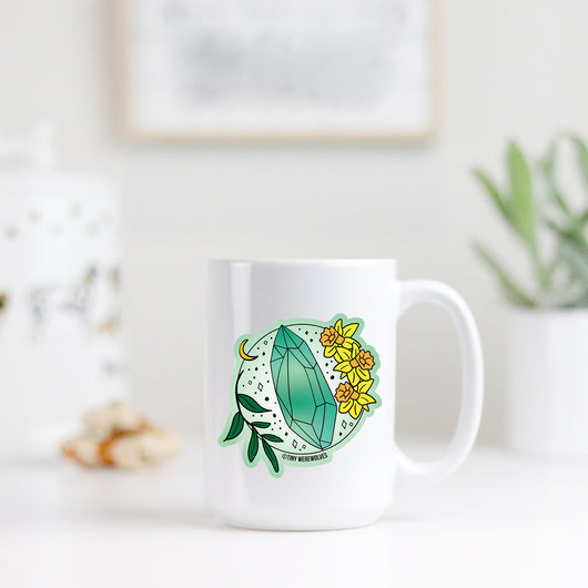 Original artwork by Tiny Werewolves | March Crystal & Flower Birthstone Mug in | Shop to get your gender neutral Mug