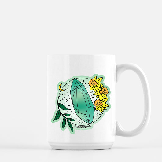 Original artwork by Tiny Werewolves | March Crystal & Flower Birthstone Mug in 15 oz | Shop to get your gender neutral Mug