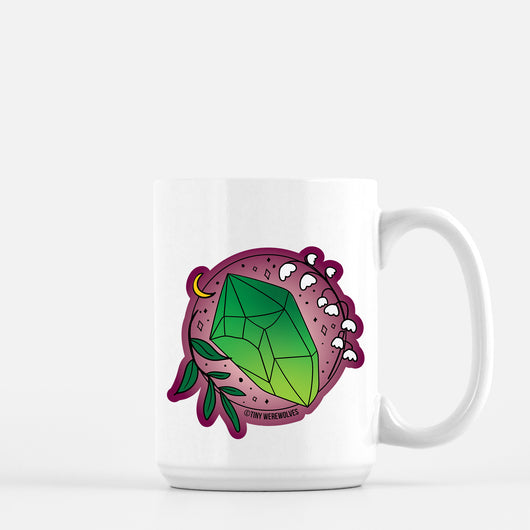 Original artwork by Tiny Werewolves | May Crystal & Flower Birthstone Mug in 15 oz | Shop to get your gender neutral Mug