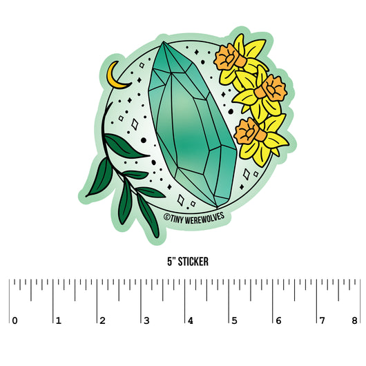 Original artwork by Tiny Werewolves | March Crystal & Flower Birthstone Sticker in 5" Sticker | Shop to get your gender neutral Sticker