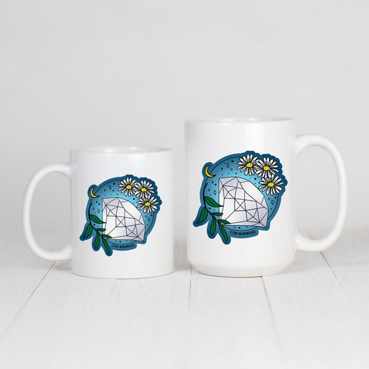 Original artwork by Tiny Werewolves | April Crystal & Flower Birthstone Mug in | Shop to get your gender neutral Mug