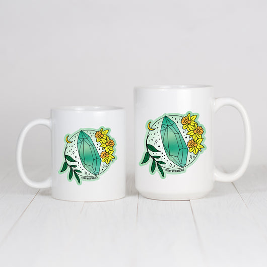 Original artwork by Tiny Werewolves | March Crystal & Flower Birthstone Mug in | Shop to get your gender neutral Mug