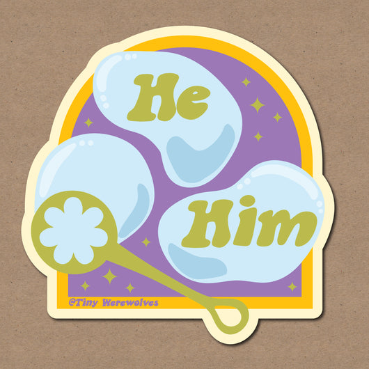 Original artwork by Tiny Werewolves | He / Him Pronouns Bubble Sticker in | Shop to get your gender neutral Sticker