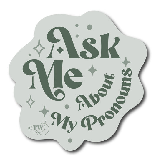 Original artwork by Tiny Werewolves | Ask Me About My Pronouns Retro Stars Sticker in | Shop to get your gender neutral Sticker