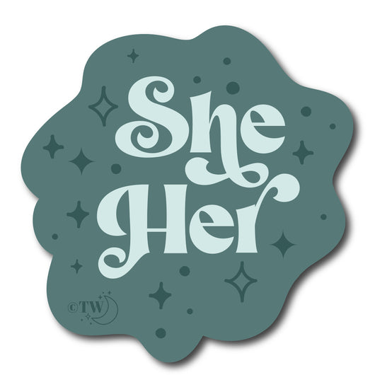 Original artwork by Tiny Werewolves | She / Her Pronouns Retro Stars Sticker in 5" Sticker | Shop to get your gender neutral Sticker