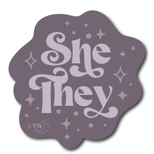 Original artwork by Tiny Werewolves | She / They Pronouns Retro Stars Sticker in 5" Sticker | Shop to get your gender neutral Sticker