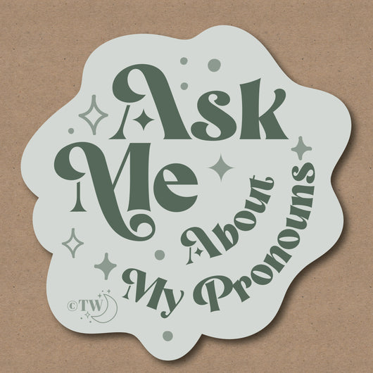 Original artwork by Tiny Werewolves | Ask Me About My Pronouns Retro Stars Sticker in | Shop to get your gender neutral Sticker