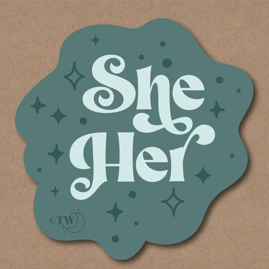 Original artwork by Tiny Werewolves | She / Her Pronouns Retro Stars Sticker in | Shop to get your gender neutral Sticker