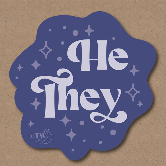 Original artwork by Tiny Werewolves | He / They Pronouns Retro Stars Sticker in | Shop to get your gender neutral Sticker