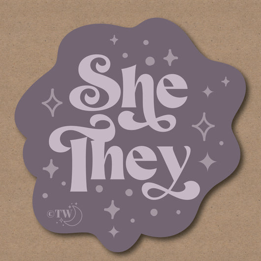 Original artwork by Tiny Werewolves | She / They Pronouns Retro Stars Sticker in | Shop to get your gender neutral Sticker