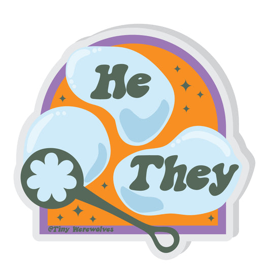 Original artwork by Tiny Werewolves | He / They Pronouns Bubble Acrylic Pin in | Shop to get your gender neutral Acrylic Pin