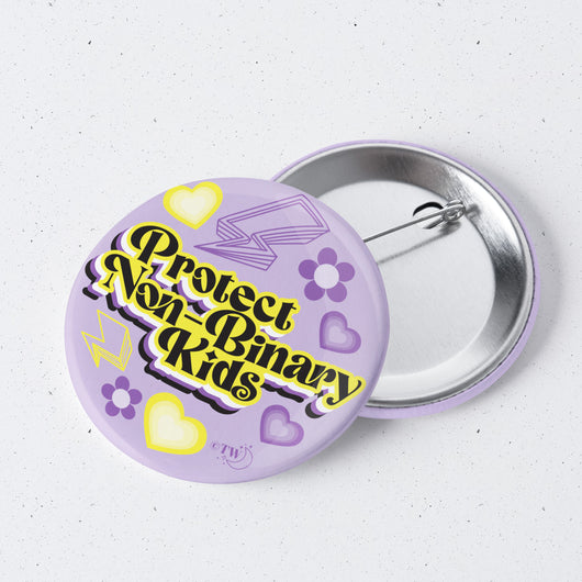 Original artwork by Tiny Werewolves | Retro Protect Non-Binary Kids 1" Mini Button Pin in | Shop to get your gender neutral Metal Pinback Button