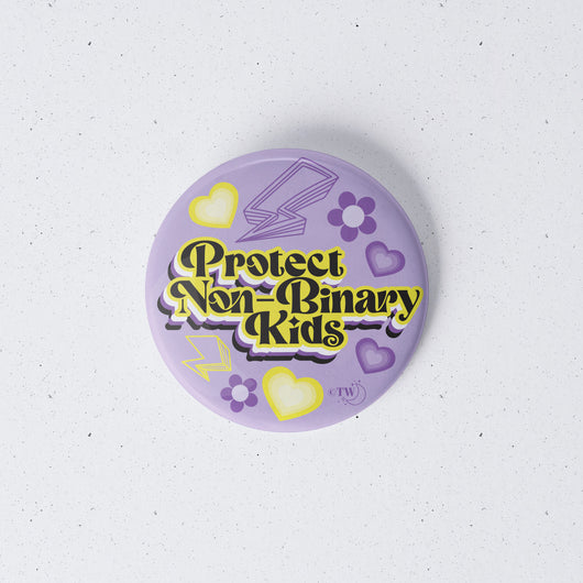 Original artwork by Tiny Werewolves | 3 Pack Retro Protect T/NB/Q Kids Button Pins in | Shop to get your gender neutral Metal Pinback Button