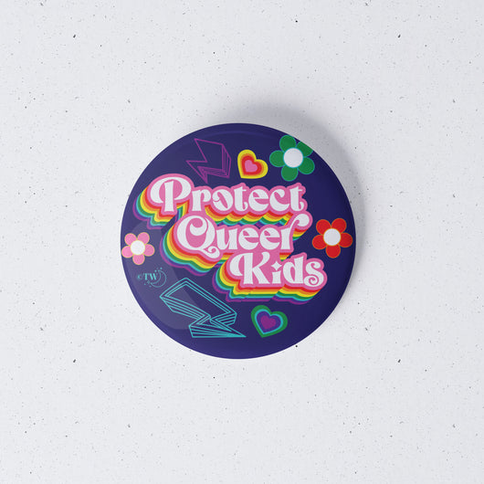 Original artwork by Tiny Werewolves | 3 Pack Retro Protect T/NB/Q Kids Button Pins in | Shop to get your gender neutral Metal Pinback Button