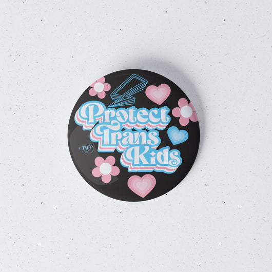 Original artwork by Tiny Werewolves | Retro Protect Trans Kids 1" Mini Button Pin in | Shop to get your gender neutral Metal Pinback Button