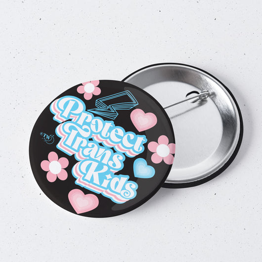 Original artwork by Tiny Werewolves | Retro Protect Trans Kids 1" Mini Button Pin in | Shop to get your gender neutral Metal Pinback Button