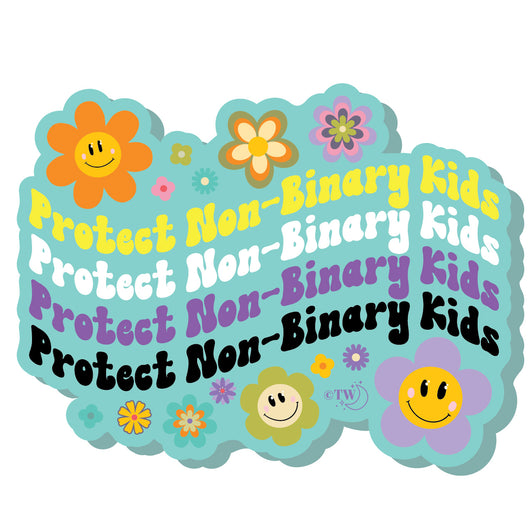 Original artwork by Tiny Werewolves | Retro Flowers Protect Non-Binary Kids Acrylic Pin in Aqua | Shop to get your gender neutral Acrylic Pin