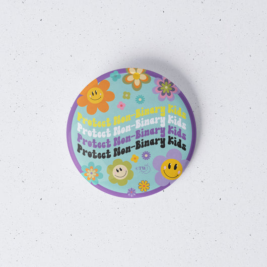 Original artwork by Tiny Werewolves | Retro Flower Protect Non-Binary Kids 1" Mini Button Pin in | Shop to get your gender neutral Metal Pinback Button