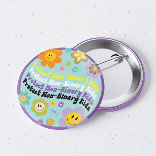 Original artwork by Tiny Werewolves | Retro Flower Protect Non-Binary Kids 1" Mini Button Pin in | Shop to get your gender neutral Metal Pinback Button