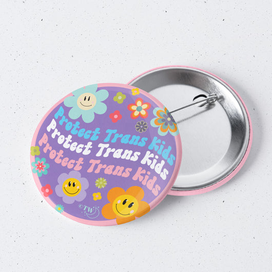 Original artwork by Tiny Werewolves | Retro Flower Protect Trans Kids 1" Mini Button Pin in | Shop to get your gender neutral Metal Pinback Button