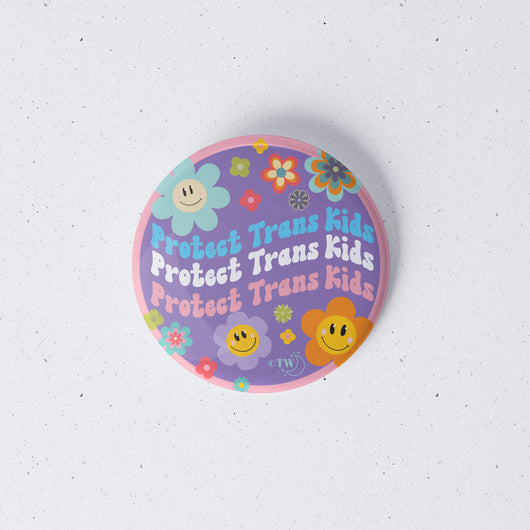 Original artwork by Tiny Werewolves | Retro Flower Protect Trans Kids 1" Mini Button Pin in | Shop to get your gender neutral Metal Pinback Button